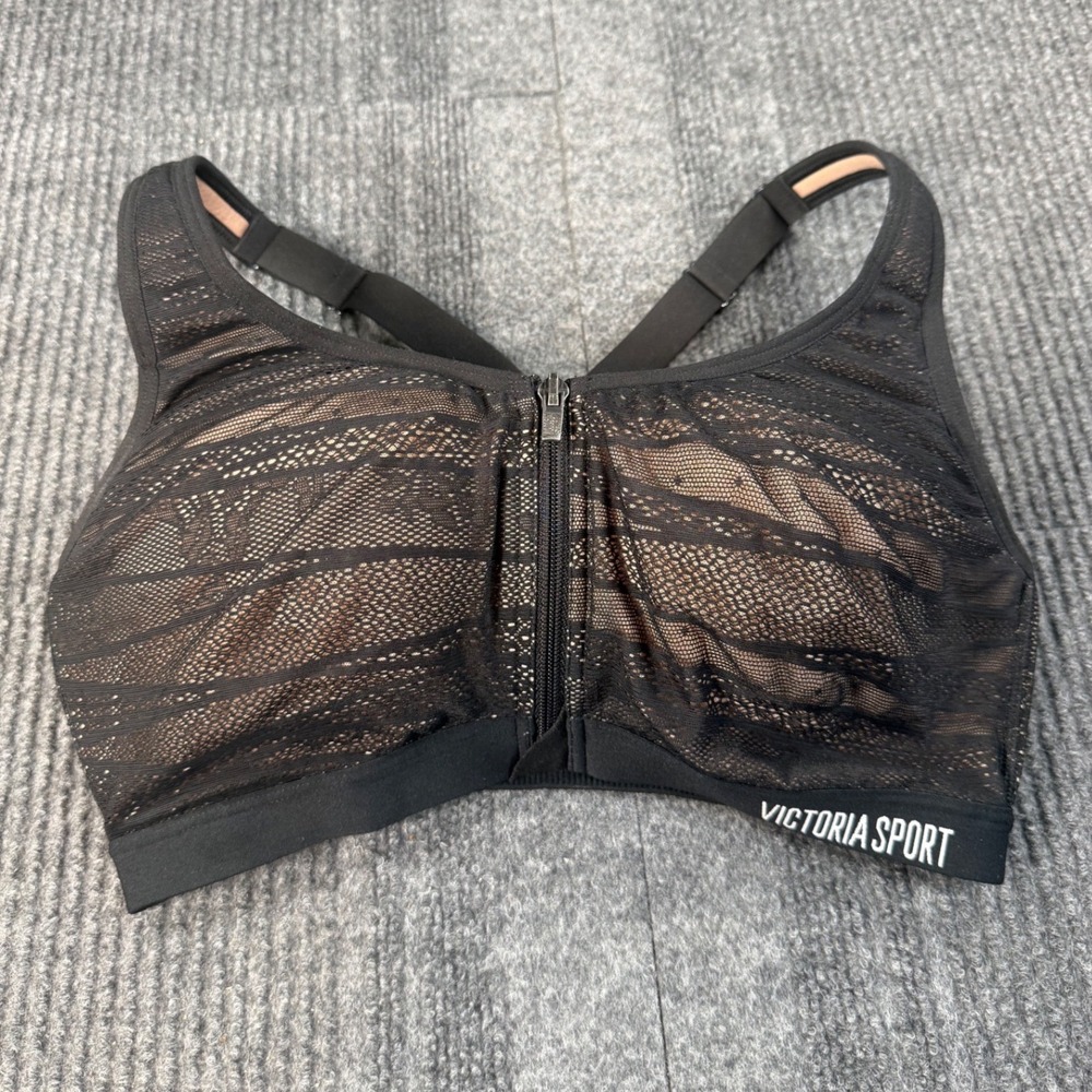 Victoria Sport Front Zip Sport Bra 34D Black Mesh Underwire High Impact Workout